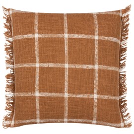 Yard Beni Check Fringed Cushion Cover, 45 x 45 cm (Pack of 1), Ginger/Natural