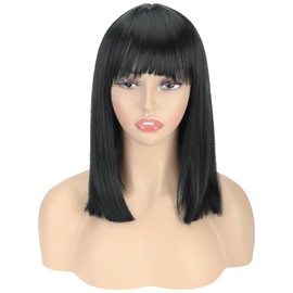 Creamily Short Black Bob Wigs 12" Straight with Flat Bangs Synthetic Colorful Cosplay Daily Party Wig for Women Natural As Real Hair+ Free Wig Cap (Natural Black)