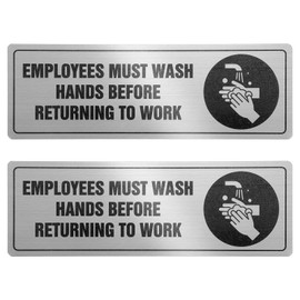 2 Pcs Employees Must Wash Hands Sign, 9 X 3 Inch Self-Adhesive Metal Signage for Office Bathroom Restroom Signs for Business Silver Waterproof Door Wall Sign for Indoor Outdoor Use (Brushed Aluminum)