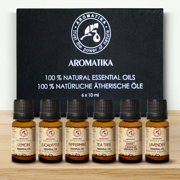 Essential Oils Set 6 x 10 ml - 100% Pure - Gift Set for Diffuser - Orange Oil - Peppermint Oil - Eucalyptus Oil - Lemon Oil - Tea Tree Oil - Lavender Oil - Aromatherapy Oil - Essential Oils for