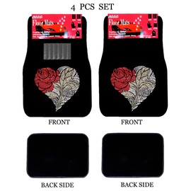 ALLBrand Universal Fit Front/Rear 4-Piece Full Set Crystal Bling Rhinestone Design Studded Carpet Car SUV Truck Floor Mats (Rose Heart-Black), (KAM-MAT-BLACK)