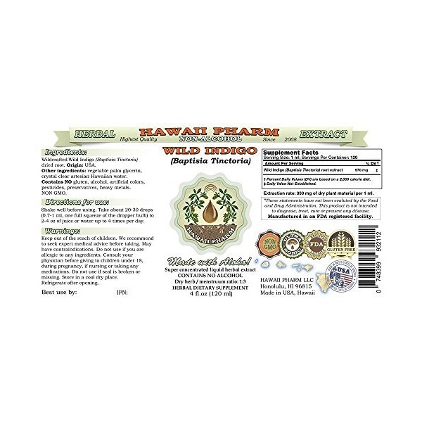 HawaiiPharm Wild Indigo Alcohol-Free Liquid Extract, Wild Indigo (Baptisia Tinctoria) Dried Root Glycerite 2 oz
