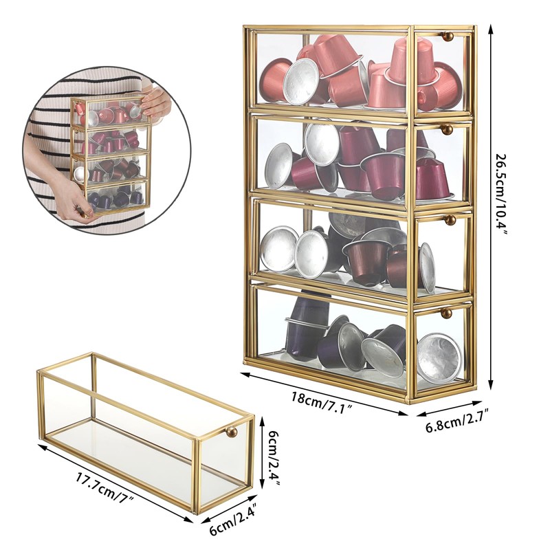 ELLDOO Coffee Pod Holder with 4 Drawers, Gold Glass Coffee
