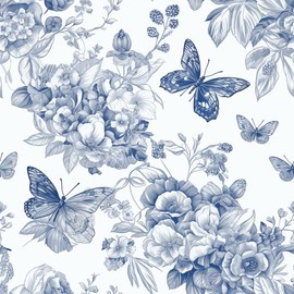 REDAMANCY Vintage Blue White Butterfly Flowers Peel and Stick Wallpaper Stick on Contact Paper Vintage Wall Paper Easy Peel Off for nightstand Drawer Cabinet Renter