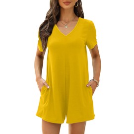 Btaiuo Women's Summer Short Sleeve V Neck Short Jumpsuit Loose Casual Romper with Pockets Small Yellow