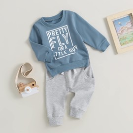 Toddler Boy Clothes Pretty Fly for A Little Guy Outfit Long Sleeve Sweatshirt Top Jogger Pants Cute 2Pcs Set 0-3T (Blue, 0-6 Months)