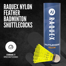 Raquex Badminton Shuttlecocks - Yellow/White, Tube of 6 - All Natural Cork Shuttlecocks, Nylon Feathers - Three Speed Options – Indoor Outdoor Durable Badminton Shuttles (77, Yellow)