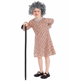 Seasons Old Lady Costume for Kids, 100 Days of School Costume, Granny Dress Wig Cane Accessories for Girls Cosplay (L)