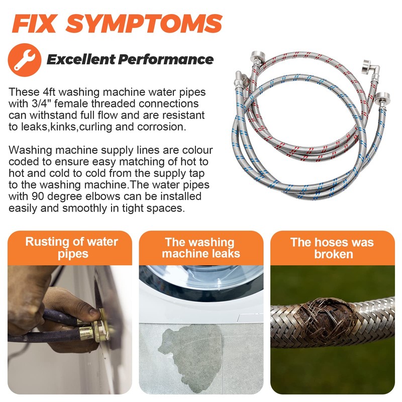 【UPGRADED】4FT Stainless Steel Washer Hoses with 90 Degree Elbows by