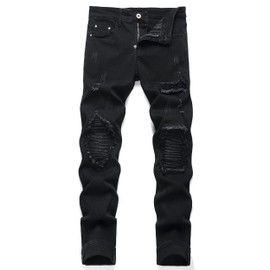 OIIIO Men's Patch Ripped Stretch Regular Fit Jean (34, Black-6601)