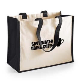 Huuraa Save Water Drink Jute Bag Coffee Cup Carry Bag Black Size 21 Litres with Funny Motif for All Coffee Drinkers Gift Idea for Friends and Family, multicoloured