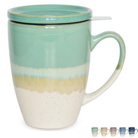 Bosmarlin Ceramic Tea Cup with Infuser and Lid, 13.5 Oz, 5 Colors to Choose, Dishwasher and Microwave Safe, Steeping Tea Mug with Strainer, Reactive Glaze (Green)