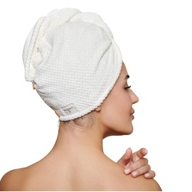 CHER ARCHANGE White Microfiber Hair Towel, Hair Wraps for Women and Men Wet Hair, Fast Drying Hair Towel, Anti Frizz Head Towels Wrap for Curly Hair, 2 Secure Button (White)