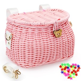 NCTNCX Children's Bicycle Basket, Handwoven Children's Front Bicycle Basket for Girls Boys with Lid and Shoulder Strap for Balance Bike Removable (Pink)