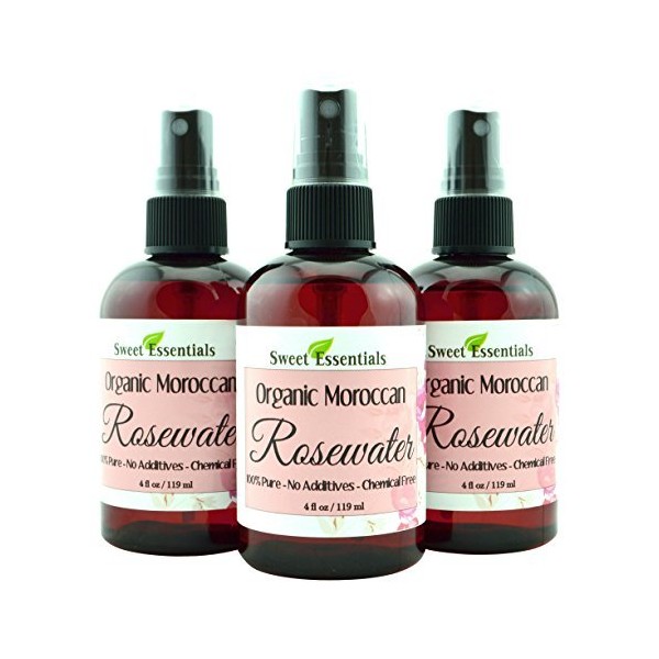Pack of 3 Premium Organic Moroccan Rose Water - 4oz W/Sprayer - Imported From Morocco - 100% Pure (Food Grade) No Oils or Alcohol - Rich in Vitamin A & C Perfect for Hydrating & Rejuvenating Your Skin