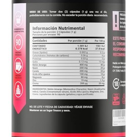 Meln Amargo, cido Alfa Lipoico, Neem, Canela, Magnesio, Zinc y Cromo. 500 mg de Ingredientes Naturales en 180 Cpsulas. BSS B Life.                    