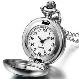 JewelryWe Mother's Day Gift Retro Pocket Watch with Chain Women Men Analogue Quartz Chain Watch Vintage Watch Pendant with Necklace Gift for Women Men, Silver-schmettling, vintage