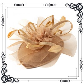 dressfan Fascinator Derby Hats for Women Vintage Wedding Feather Headband Hair Clip,20s 50s Hair Accessories Headwear for Derby/Wedding/Cocktail/Tea Party,M4-Khaki