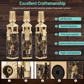 Refillable Butane Torch Lighter - Super Long Flame, Windproof, Adjustable for Welding, Soldering, Cooking, Creme Brulee, Baking (Butane Gas Not Included)