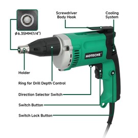Hoteche 5-Amp Dry Wall Screw Driver, Electric Screwdriver with Variable Speed 0-4500 RPM, 1/4" Chuck, Forward & Reverse Switch with 6pcs Cr-V Bits