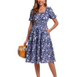 Kormei Women's Square Neck Summer Boho Floral Puff Sleeve A-line Tiered Flowy Casual Midi Dress Smocked Dresses L Floral Blue/White