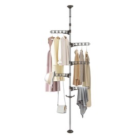 Hershii Adjustable Laundry Pole Corner Clothes Garment Drying Rack Hat Hanger Coat Tree Floor to Ceiling Tension Shelf Storage Organizer with 5 Arms and 1 Hook - Grey