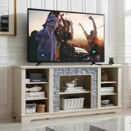 CKEASEAN Modern TV Stand with Faux Stacked Stone, 58" W Entertainment Center with Large Storage Space, Wood Media Console Table for TVs Up to 65", Rack for Living Room