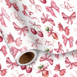 LeZakaa Pink Bow Wrapping Paper Roll - Pink Cherry Strawberry Bow Design Perfect for Valentine's Day, Girls Birthday, Bachelorette Party, Baby Shower - Mini Roll - 17 Inch x 16.5 Feet (23.2 sq.ft.)
