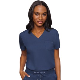 Med Couture Women's V-Neck Scrub Top, Modern Fit Tuck-in Top with Stretchy Rib-Knit Shoulders and Chest Pocket - MC7448, Navy, XS