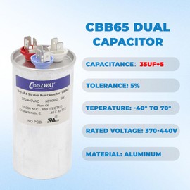 COOLWAY 35/5 uF 35+5 MFD 5% 370V or 440V Dual Run Start AC Capacitor for CBB65r CBB65b 370 440 Volt VAC Air Conditioner, Motor Start, Heat Pump, Condenser, Pool Pump