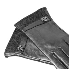 Woodland Leathers Elegant Black Leather Gloves for Women - Stylish and Warm Womens Leather Gloves - Touchscreen Gloves for Women with Lace Decoration - Ideal Ladies Gloves for Winter Fashion (Small)