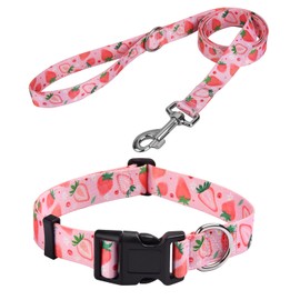MarukoPet Dog Collar and Leash Set, Adjustable for Small Medium Large Dogs Puppy, Cute Design with Bohemia Floral Tribal Geometric Patterns Boys Girls Dog Collar(Strawberry Set,L)