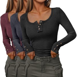 SUNBS Womens 3 Packs Long Sleeve Shirts Casual Fall Fashion Outfits Clothes Henley Tops Basic Ribbed Knit T-Shirts 2025 BlackBlackgreyWine M