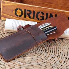 Borsgye Pencil Case Leather Pen Protective Case Crazy Horse Leather Handmade Fountain Pen Multi Pen Case Holder - Brown Large, brown, travel classic