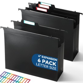 SortRax Plastic High Capacity Hanging File Folders, 4" Expansion for Bulky Documents, Side-Sealed Accordion Pocket, Supports Heavy Files, Letter Size, Movable Dividers, Insertable Tabs, 6 Pack