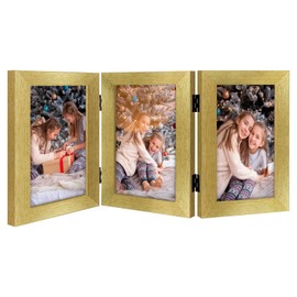 Frametory 5x7 Triple Picture Frames, Trifold Photos Frame Collage, Hinged Picture Frames with Glass Front Tabletop Display (Gold, 1 Pack)