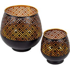 Gadgy Tea Light Holder Black Gold - Lantern Dining Table Decoration Set of 2 - Tea Light Holder Metal with Ornaments - Lantern Metal Decoration Black - Table Decoration Lantern Black - 10 x 9 cm and