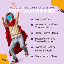 Rhoziva Dr. Kleins Keep Calm For Kids Gummies. Black Currant. Includes 100mg of L Theanine For Relaxation, Restlessness & Nervousness Support. Chamomile Extract Vitamins & Minerals to Support Stress Relief. Naturally sweetened. 30 Day Supply. 60 Gummies.