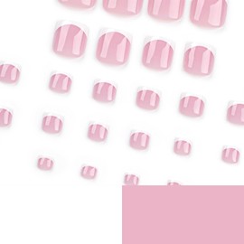 French Tip Press on Toenails, Square Fake Toe Nails Pink Acrylic Toenails White Toenails Tip Glossy False Toenails Holiday Stick on Toenails Spring Summer Glue on Toenails Cute Artificial Toenails