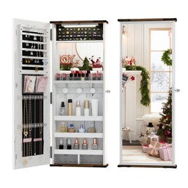 FONTOI Jewelry Armoire, Over the Door Jewelry Organizer with Mirror, 42” Mirror with Storage 2 Acrylic Drawers Earing Hooks 3 Shelves, Mirror Jewelry Cabinet for Apartment and Checkroom White