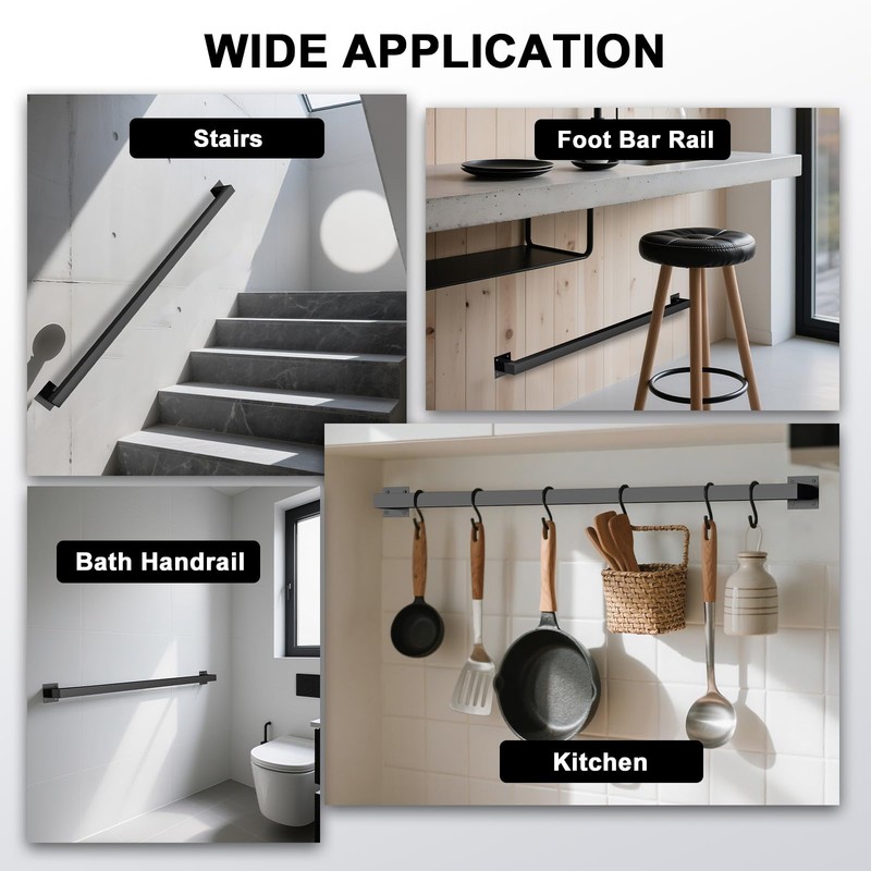 12FT Stair Railing Indoor, Black Mental Wall Mounted Handrail for