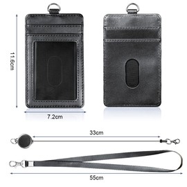 OFFCUP PU Leather Badge Holder, ID Card Holder, Credit Card Wallet with Nylon Lanyard and Zipper Pocket 1 Clear ID Window and 3 Card Slots for Office School ID, Credit Cards, Driver Licence (Black)