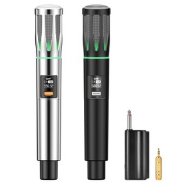 Powplur UHF Wireless Microphones, Rechargeable Dual Handheld Microphones with 1/4" Receiver, Adjustable Frequency & Volume, Plug-and-Play for Karaoke Singing, Outdoor Events, PA Systems (Silver)