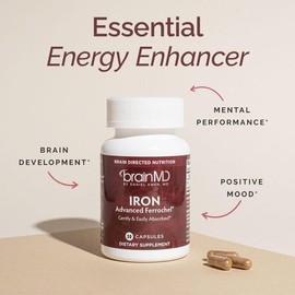 BrainMD - Iron - The Secret Controller of Your Emotions - Enhances energy levels without caffeine - 30 vegan capsules