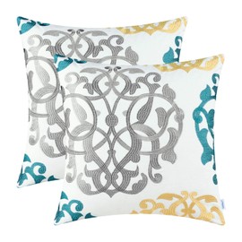 CaliTime Pack of 2 Cotton Throw Pillow Cases Covers for Bed Couch Sofa Vintage Compass Geometric Floral Embroidered 16 X 16 Inches Medium Grey/Teal/Gold