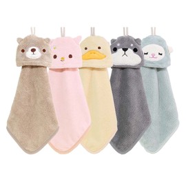 Dekori Hand Towel with Loop, Cute Animal Characters, Stylish Embroidery Design, Made of Coral Fleece, Absorbent and Quick Drying, For Kids, Girls, Boys, Fluffy, Hot Towel Set, For Home, Kitchen,