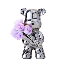 Hosoncovy Ceramic Bear Sculpture Ornament Holding Flower Bear Statue Figure Decor Home Decoration Room Decor Bear Vase for Living Room, Office Desktop, Shelf (Silver)