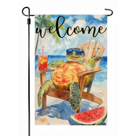 Summer Welcome Sea Turtle Garden Flag, Cute Turtle On Beach 12x18 Inch Double Side Burlap Flag, Summer Beach Welcome Dog Flags for Lawn Yard Patio Porch Decor