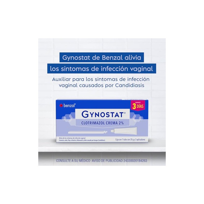 Benzal Crema GynoStat, Tratamiento para Infecciones Vaginales, 3 dosis Diaria,