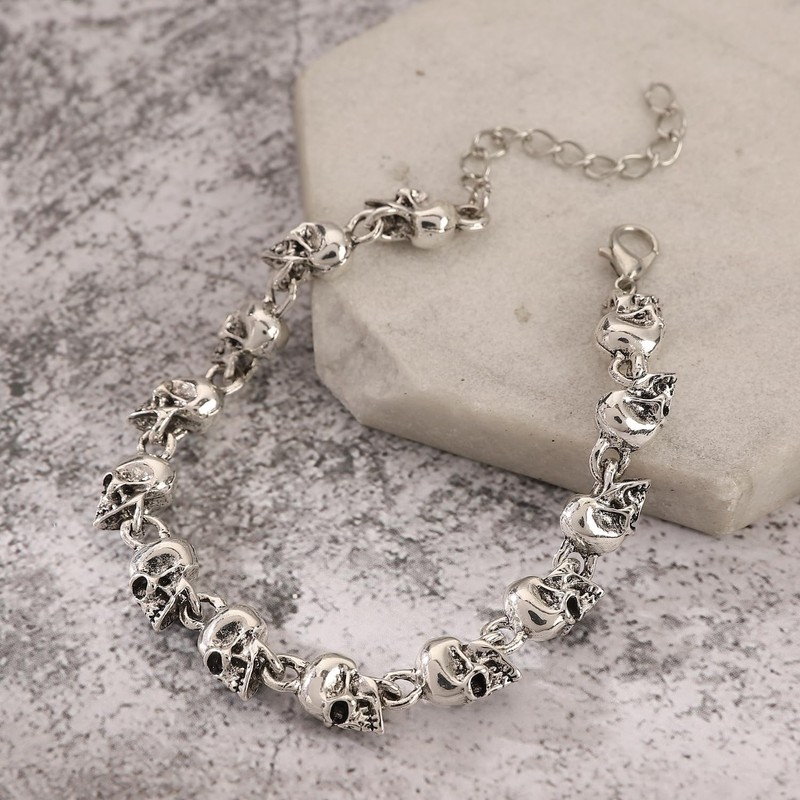 IXDEAXLY Punk Stainless Steel Skull Linked Chain Bracelet Skull Jewelry